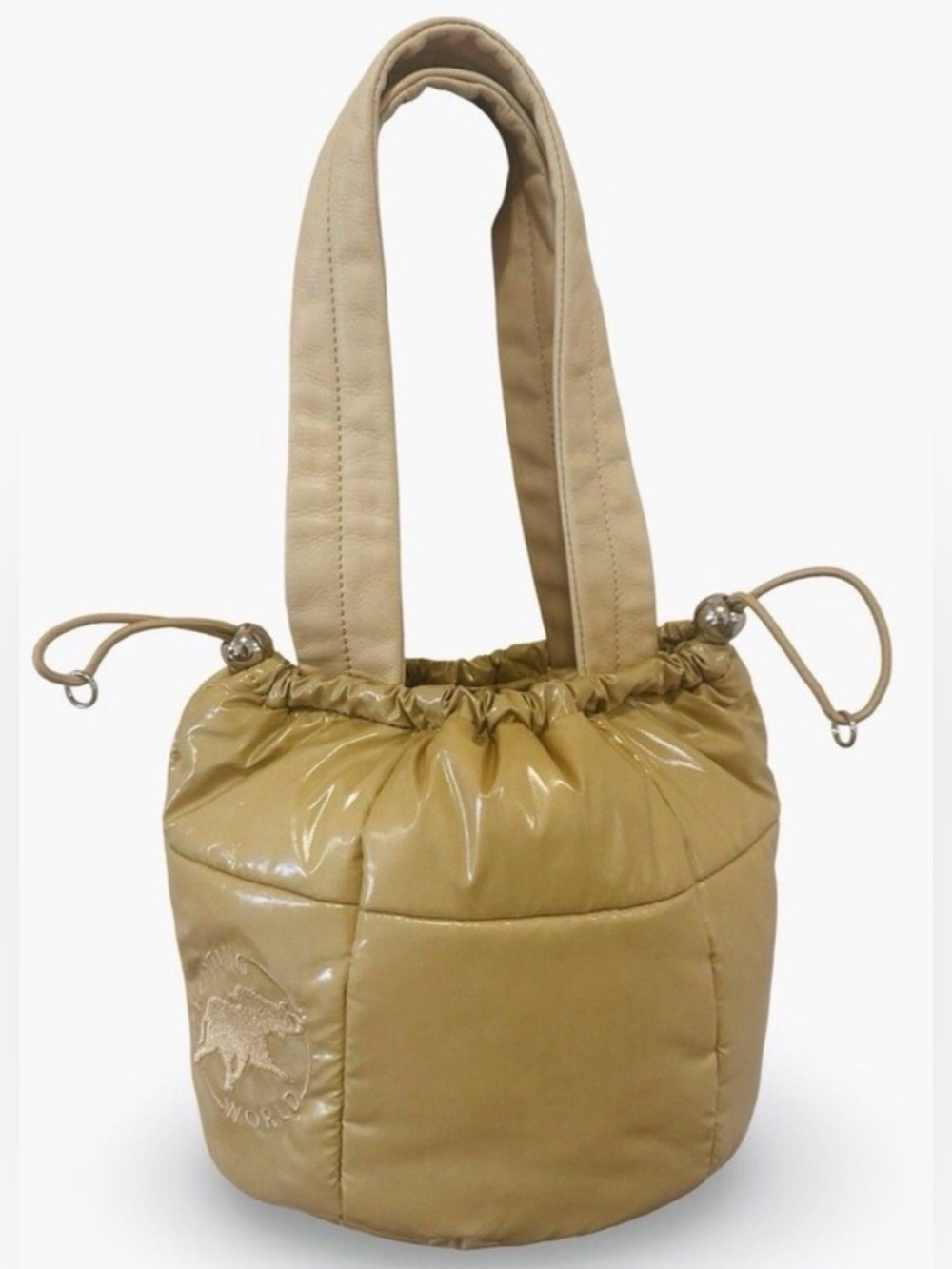 HUNTING WORLD Puffy Drawstring Bucket Bag Tote Puffer Shiny Caramel Unused
